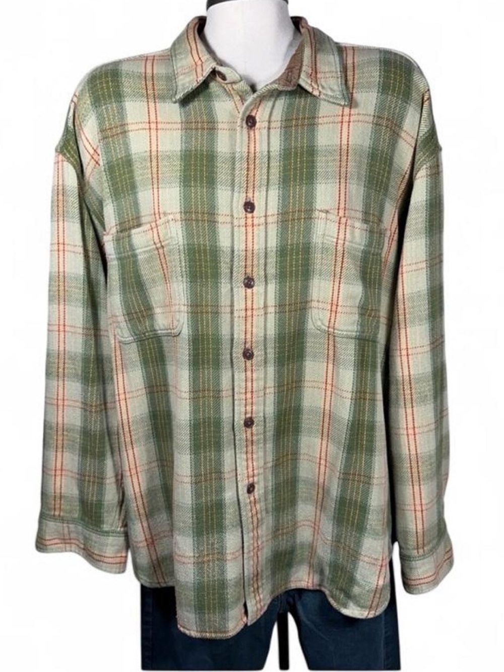 St John’s Bay Men’s XXL Green Plaid Cotton Flannel Corduroy Collar Shirt